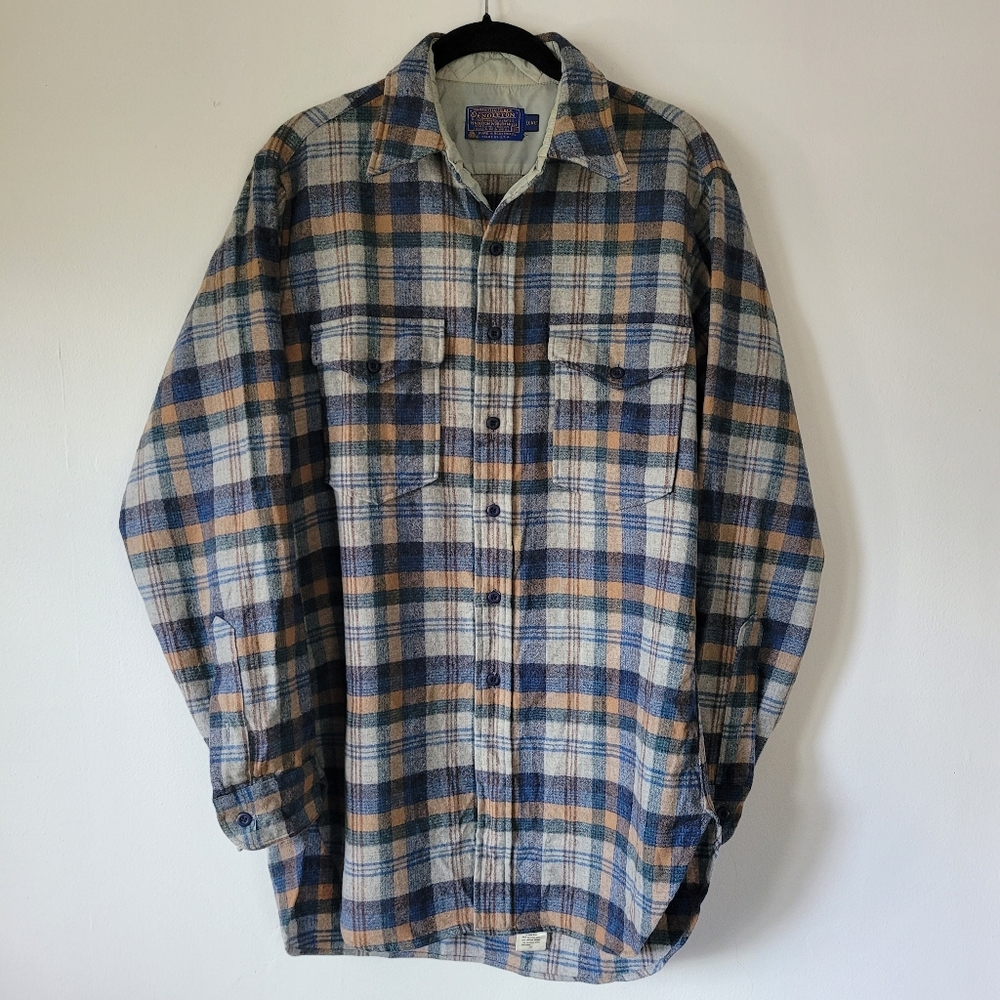 Pendleton Vintage 60s 70s Wool Plaid Button Up‎ Long Sleeve Shirt Size 15.5 Long